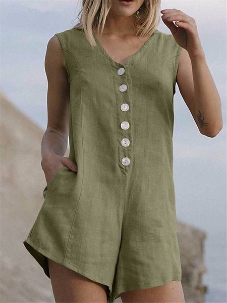 

V Neck Loose Plain Linen Jumpsuit, Army green, Jumpsuits & Rompers