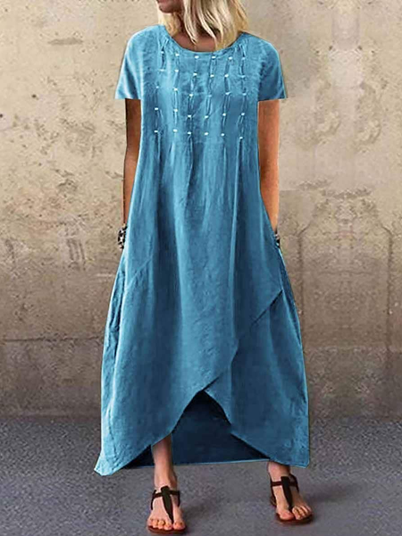 

Cotton And Linen Loose Plain Linen Summer Dress, Blue, Dresses