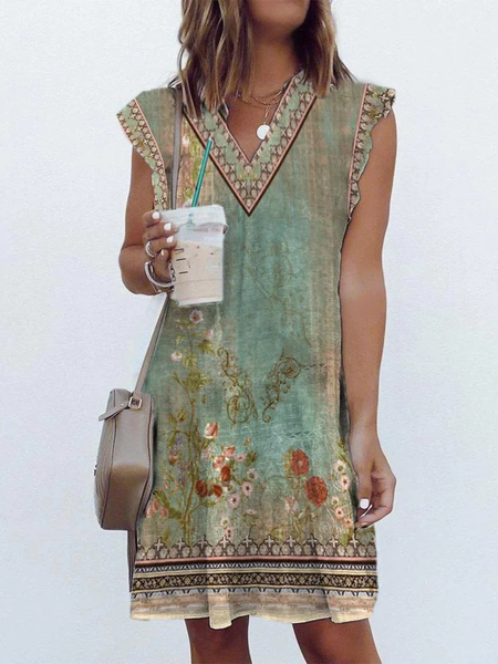 

Ethnic V Neck Boho Loose Summer Dress, Green, Dresses