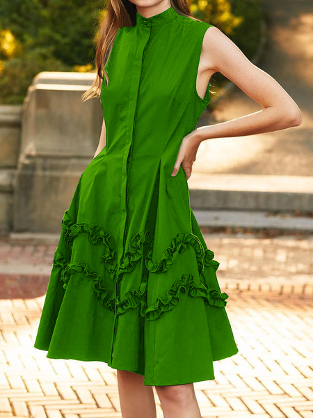 

Loose Urban Shirt Collar Sleeveless Skirt Dress, Green, Mini Dresses