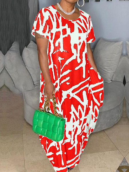 

Vacation Crew Neck Short sleeve Abstract Loose Long Dress, Red, Maxi Dresses