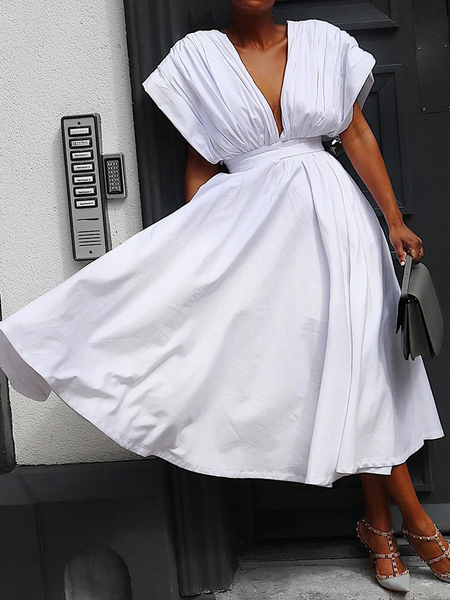 

Loose Plain Elegant V Neck Sleeveless Midi Dress, White, Midi Dresses