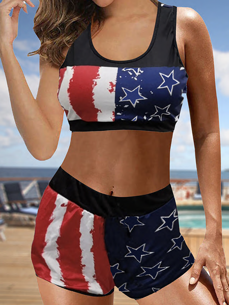 

Casual America Flag Printing Scoop Neck Bikini, Blue, swimwear>>Bikini Sets