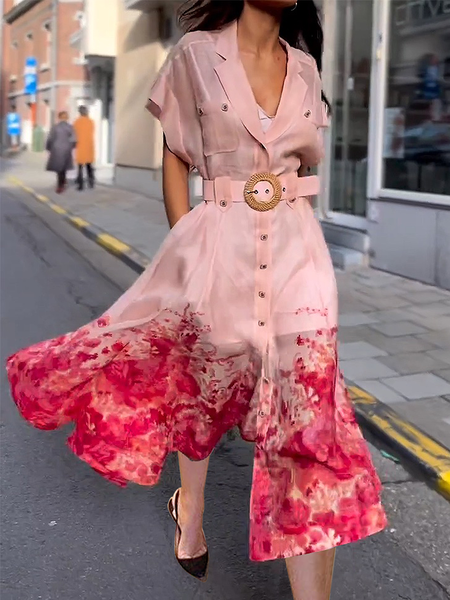 

Loose Short sleeve Lapel Collar Elegant Midi Dress, Pink, Midi Dresses