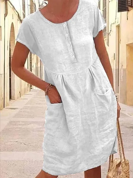 

Cotton And Linen Plain Linen Loose Dress, White, Mini Dresses