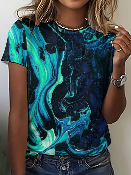 

Women's Abstract Art Print Crew Neck Casual T-Shirt, Blue, T-shirts
