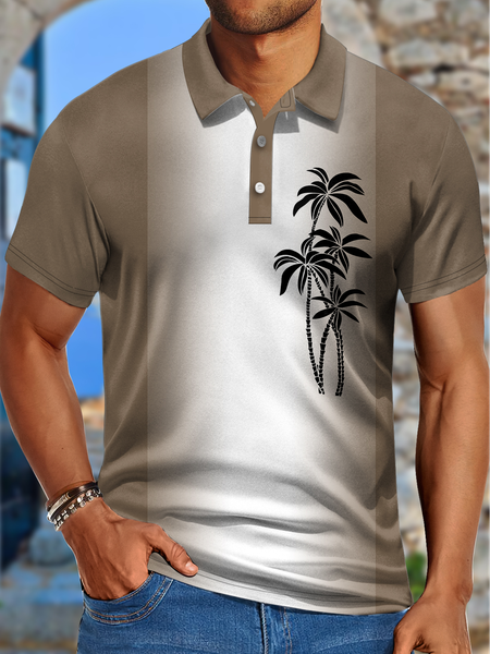 

Men's Coconut tree gradient Hawaiian style print Ombre Urban Polo Collar Polo Shirt, Camel, T-shirts