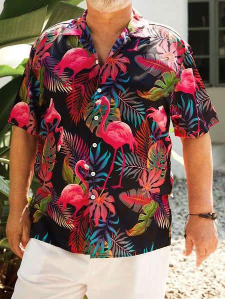 

Big Size Flamingo Short Sleeve Aloha Shirt, Red, Men Shirts