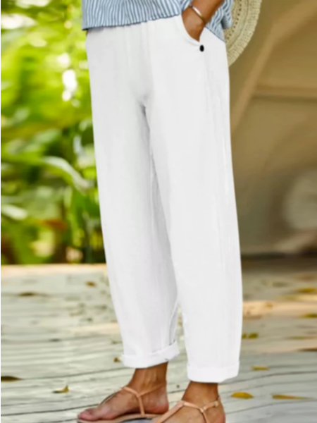 

Women Casual Loose Pockets Cotton Linen Pants Ankle Length Pants, White, Pants
