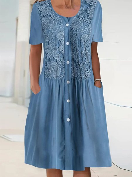 

Casual Buttoned Lace Crew Neck Dress, Blue, Midi Dresses