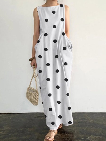 

Casual Crew Neck Regular Fit Polka Dots Maxi Dress, Black-white, Maxi Dresses
