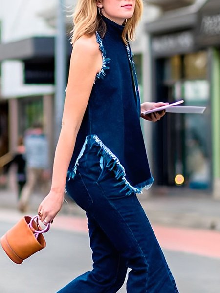 

Stand Collar Plain Urban Sleeveless Shirt, Blue, Blouses and Shirts