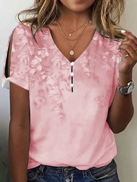 Casual Loose V Neck Floral T Shirt