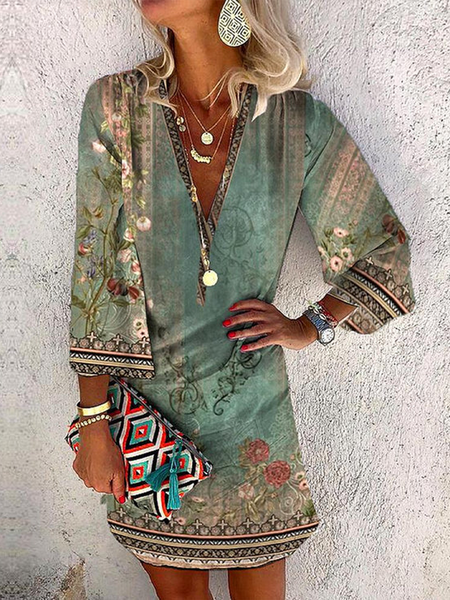 

Floral Boho V Neck Loose Dress, Green, Dresses