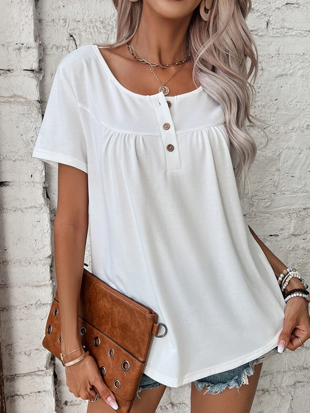

Loose Casual Solid Half Button T-Shirt, White, T-Shirts