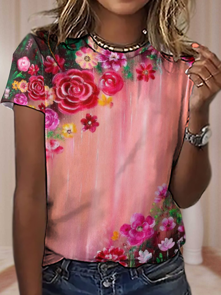 

Women's Color Block Floral Loose Crew Neck Simple T-Shirt, Pink, T-shirts