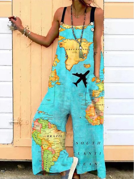 

Map Loose Vacation Jumpsuit, Blue, Jumpsuits＆Rompers