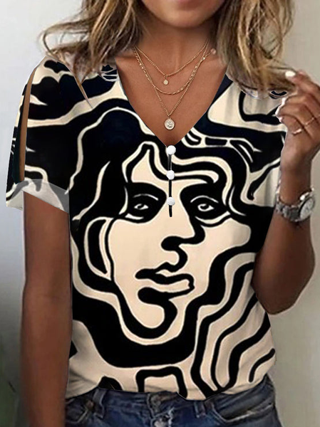 

V Neck Face Loose Casual Shirt, Khaki, Shirts & Blouses
