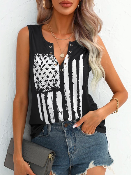 

Casual American Flag Print Half Button Tank Top, Black, Tanks & Camis