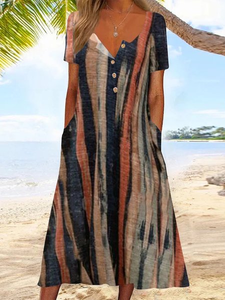 

Casual Buttoned Notched Dress, Brown, Dresses