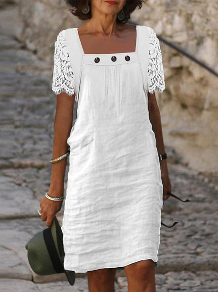Square Neck Lace Casual Loose Dress, White, Dresses