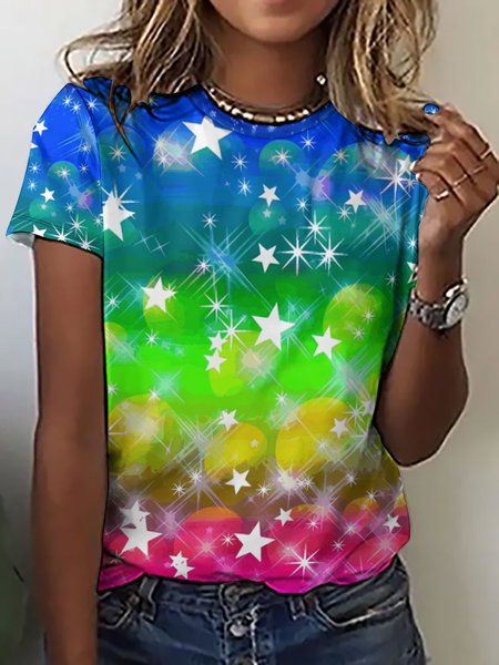 

Women's Ombre Star Cotton Casual Crew Neck T-Shirt, As picture, T-shirts