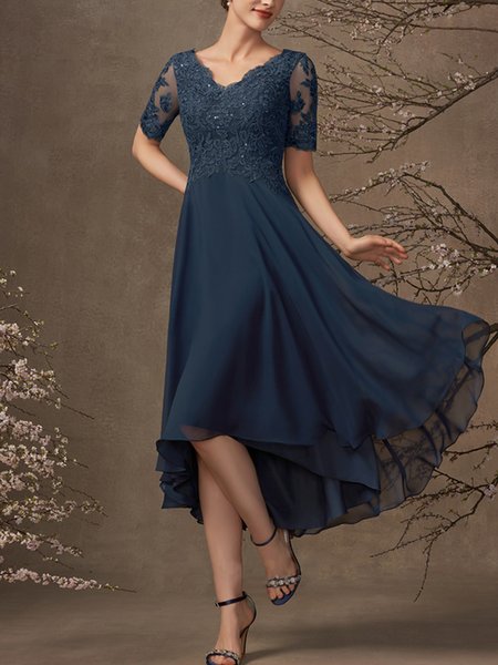 

Regular Fit Urban Lace A-line V-Neck Asymmetrical Chiffon Lace Mother of the Bride Dress With Sequins Floral Dress, Blue, Formal Dresses