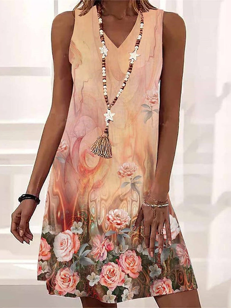

Floral V Neck Casual Loose Dress, Yellow, Dresses