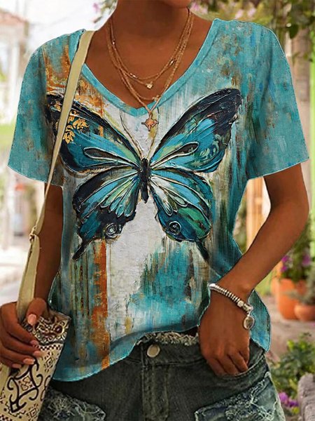

Butterfly V Neck Loose Casual Shirt, Blue, T-Shirts