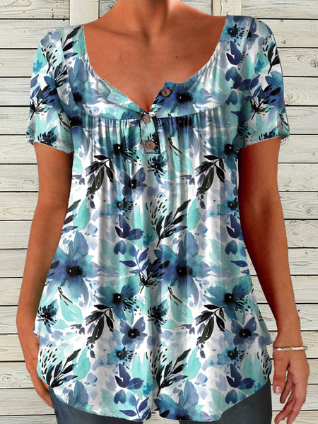 

Women's Flower Print Casual T-Shirt, Blue, T-shirts