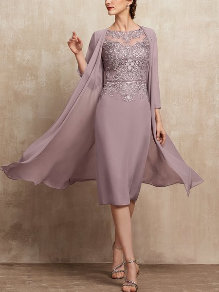 

Crew Neck Urban Loose Sheath/Column Scoop Illusion Knee-Length Chiffon Lace Mother of the Bride Dress With Beading SequinsTwo-Piece Set, Dusty pink, Formal Dresses