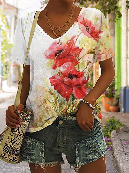

Casual Floral V Neck Knitted T-Shirt, Red, T-Shirts