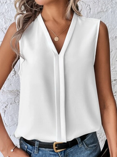 

Casual V Neck Loose Plain Tank Top, White, Tanks & Camis