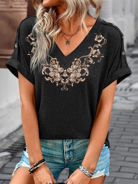 

Loose Floral Casual Knitted Summer T-Shirt, Black, T-Shirts