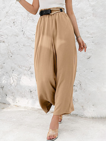 

Elastic Band Simple Plain Loose Pants, Khaki, Pants