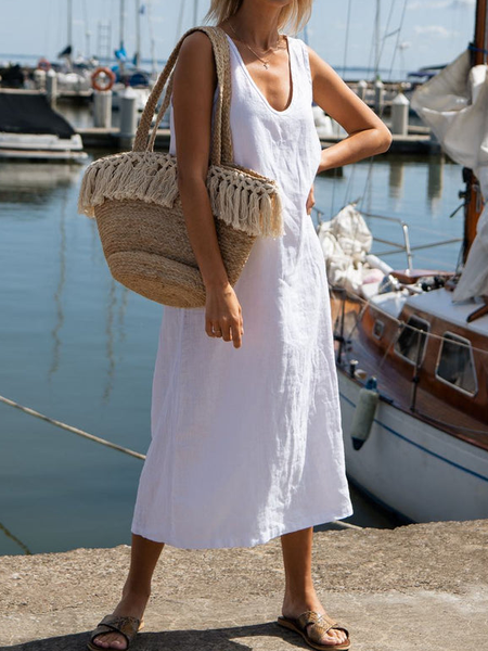 

Crew Neck Loose Simple Dress, White, Midi Dresses