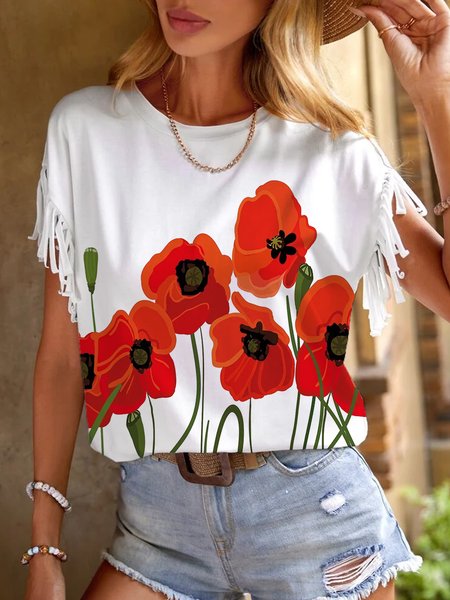 

Vacation Loose Poppy Flower Crew Neck T-Shirt, White, T-Shirts