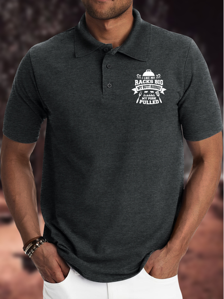 

Men's I Like My Racks Big My Butt Rubbed My Pork Pulled Funny BBQ Graphic Printing Regular Fit Polyester Cotton Casual Polo Shirt, Deep gray, T-shirts