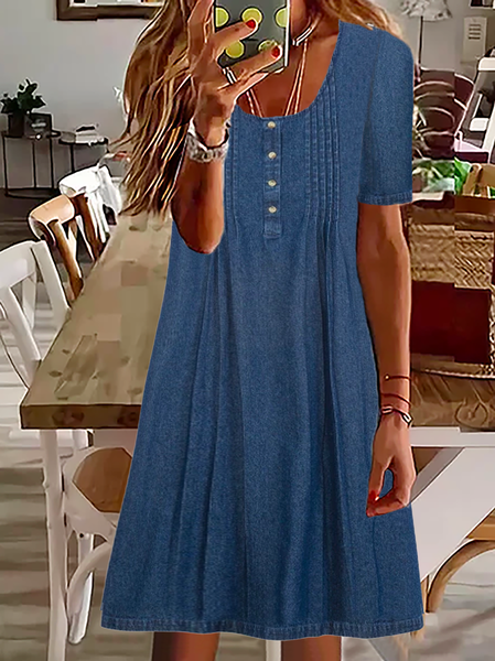 Denim Plain Casual Dress, Blue, Short