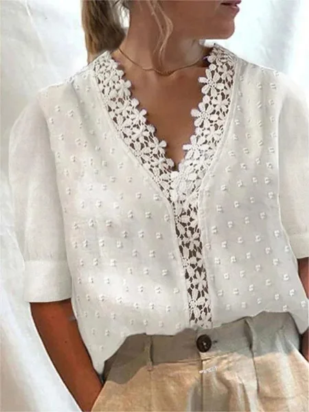 

Lace Edge Loose Elegant Plain Shirt, White, Blouses & Shirts