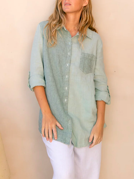 

Color Block Vacation Cotton Blouse, Green, Blouses & Shirts