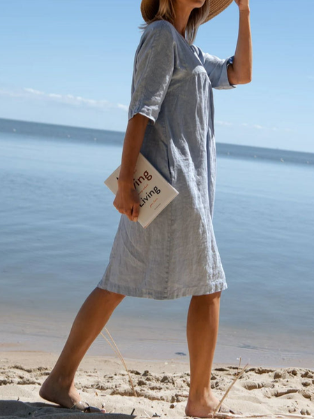 

Plain Linen Cotton And Linen Summer Dress, Light blue, Clothing