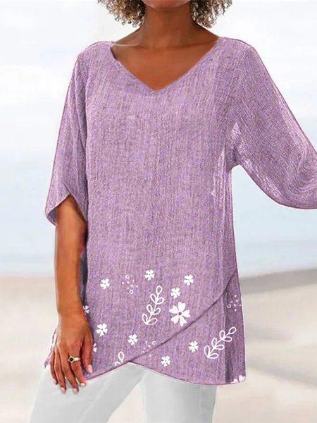 

Floral Loose V Neck Asymmetric Hem Plus Size Half sleeve Summer Linen Tunic Top, Purple, Tunics