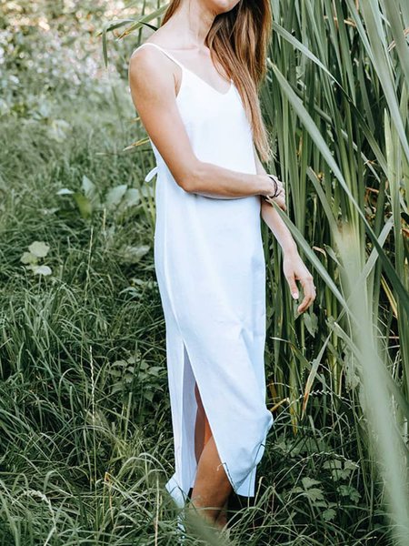 women's cotton linen casual dress with straps, White, Clothing
