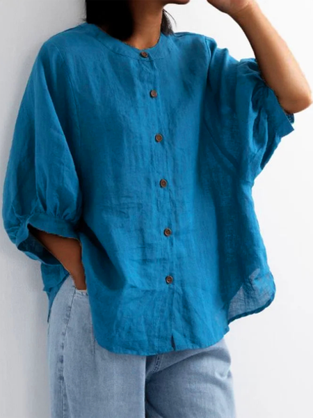 

Women Blue Button Down Lantern Sleeve Retro Loose Half Sleeve Blouse, Blouses & Shirts