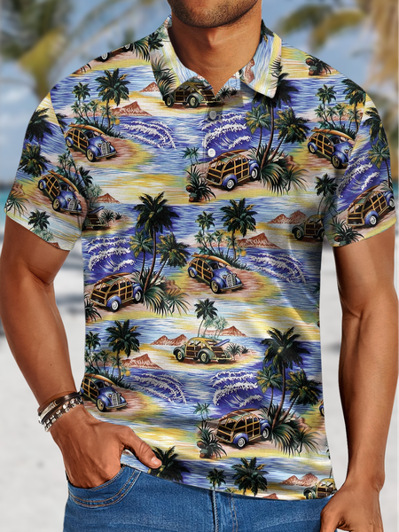 

Men's Hawaiian Print Funny Graphic Printing Regular Fit Car Polo Collar Urban Polo Shirt, As picture, T-shirts