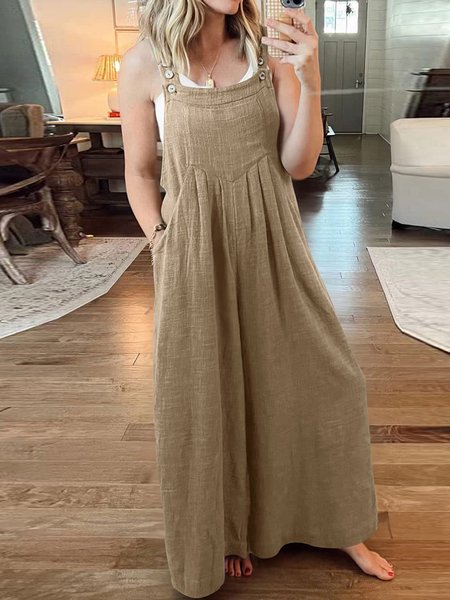 

Casual Loose Plain Bib Pants, Khaki, Jumpsuits＆Rompers