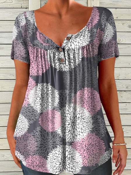 

Women's Abstract Flower Print Crew Neck Casual T-Shirt, As picture, T-shirts