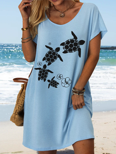 Women' Cute Sea Turtle V Neck Casual Loose Dress, Light blue, Dresses