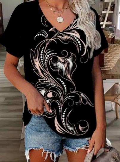 

Casual V Neck Loose Floral T-Shirt, Black, T-Shirts